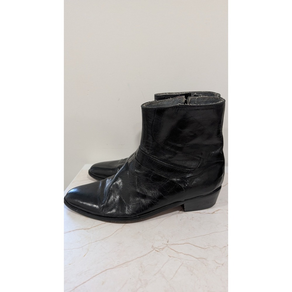 Vintage Black Leather Ankle Boots Mens 9.5 W Side Zip Cuban Heel Pointed Toe